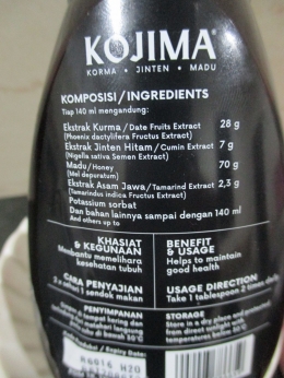 Korma yang terkandung dalam Kojima adalah ekstrak kurma baik basah dan kering sebesar 28 gram (foto dokumentasi pribadi).