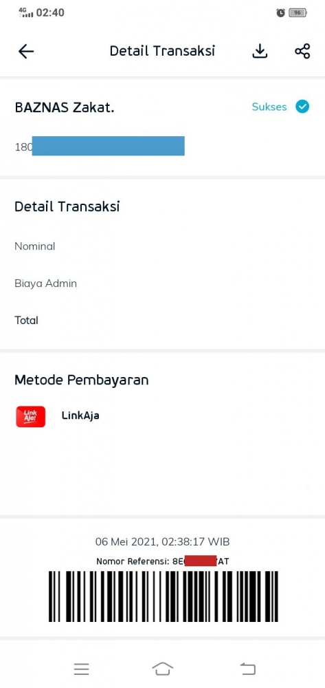 Transaksi pembayaran zakat fitrah kepada BAZNAS melalui aplikasi merah sudah tercatat dan sukses diterima oleh BAZNAS (dokpri/tangkapan layar)