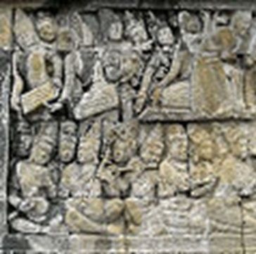 Salah satu relief musik Candi Borobudur. Pemusik mempertunjukkan pagelaran musik (Sumber kemdikbud)