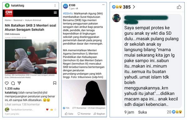 Kolase tangkapan layar Instagram @katakitaig, E100, dan kolom komentar Facebook