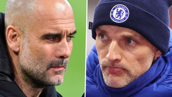 Pep Guardiola, pelatih Manchester City dan Thomas Tuchel, pelatih Chelsea. Sumber foto: Getty Images via Goal.com