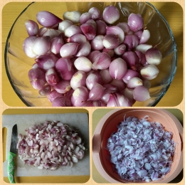 Bawang merah kupas, iris tipis dan telah berbalur garam dan tepung beras | Dok.Pri.Siska Artati