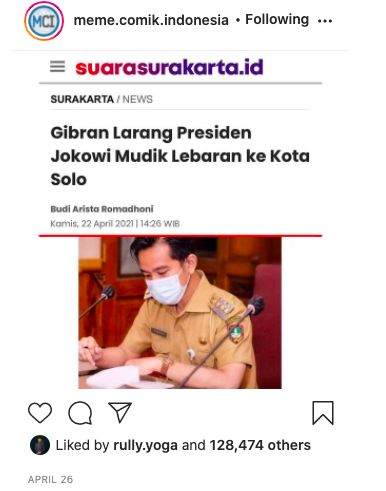 Credit: https://surakarta.suara.com/read/2021/04/22/142656/gibran-larang-presiden-jokowi-mudik-lebaran-ke-kota-solo