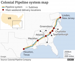 Jaringan Colonial pipeline mencapai ratisan kilometer. Photo : Colonial pipeline, BBC
