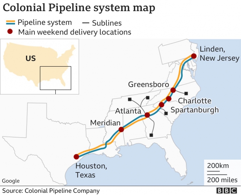 Jaringan Colonial pipeline mencapai ratisan kilometer. Photo : Colonial pipeline, BBC