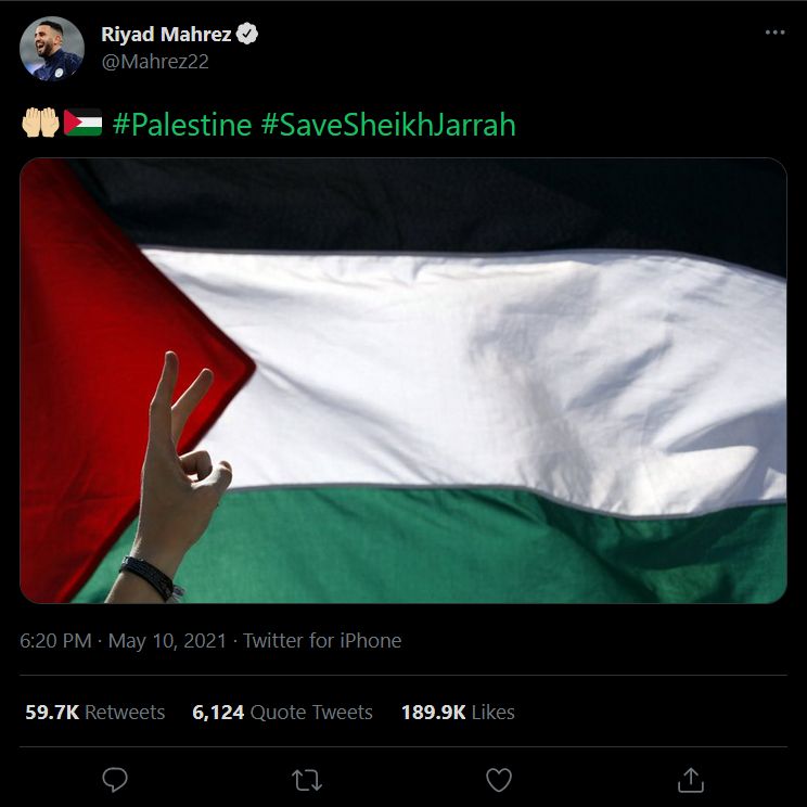 Twit dukungan Riyad Mahrez untuk perjuangan Palestina (twitter.com/Mahrez22)