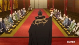 Nobunaga dan para pengikutnya dalam sebuah perjamuan (Netflix)