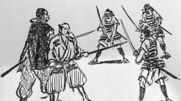 Ilustrasi Yasuke yang sedang bertarung dengan majikannya, Nobunaga (Iwasaki Shoten)