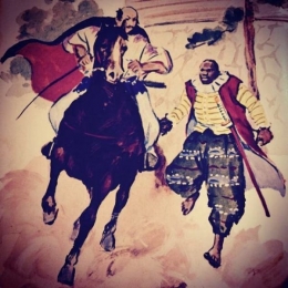Yasuke sedang berlari bersama dengan Nobunaga (Samurai World)