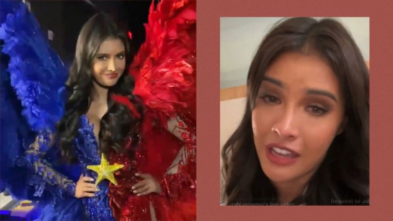 Rabiya Mateo, Miss Universe Filipina menangis setelah merasa gagal menampilkan kostum nasional. - preview.ph