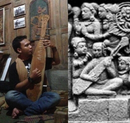 Proses cipta ulang/eksplor alat-alat musik yang ada di relief candi Borobudur oleh Ali Gardy dan dawai Karmawibhangga (kiri), meniru relief dawai Karmawibhangga di Borobudur (kanan). Foto:japungnusantara.org/sound-of-borobudur/