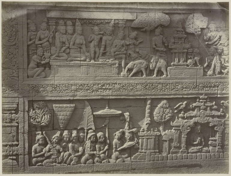 Salah satu relief musik di Borobudur| Museum Volkenkunde Belanda