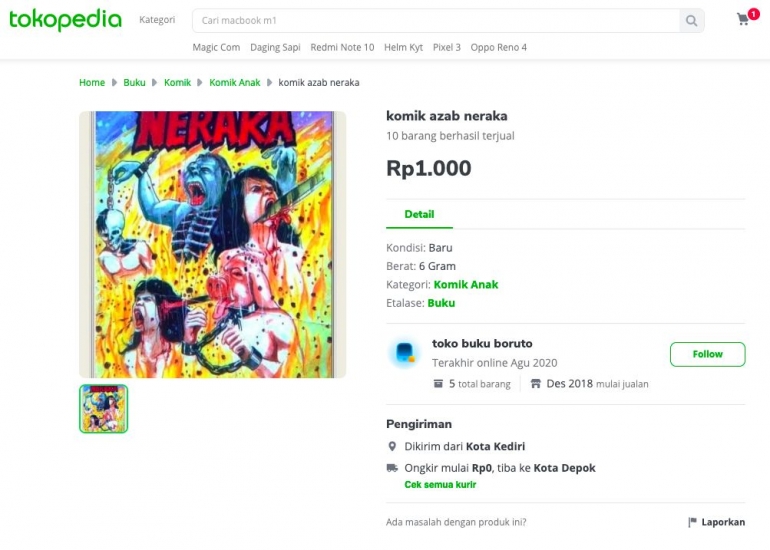 Komik azab neraka yang masih diperjualbelikan di marketplace. Sumber: tangkapan layar pribadi