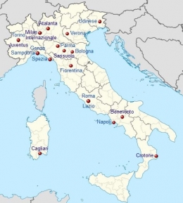 Peta kota dan klub yg berada di Serie A. Sumber: TUBS / wikimedia
