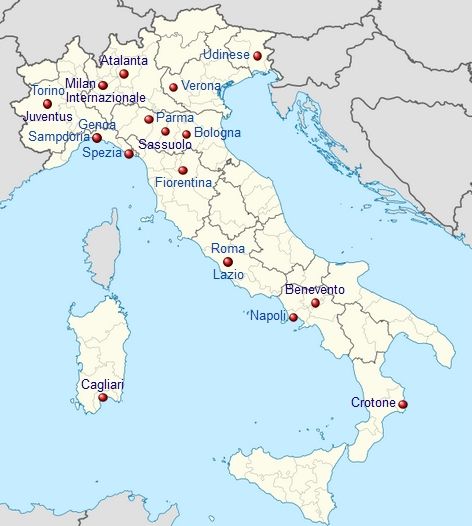 Peta kota dan klub yg berada di Serie A. Sumber: TUBS / wikimedia