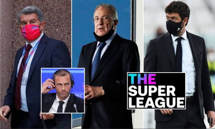 Dari kiri ke kanan: Joan Laporta (Presiden Barcelona), Florentino Perez (Presiden Real Madrid) dan Andrea Agnelli (Pemilik Juventus). Inset: Alexander Ceferin (Presiden UEFA). Sumber gambar (Dailymail.co.uk)