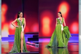 Miss Universe Puerto Rico dengan gaunnya yang menyerupai daun pisang. - IG Estefania Sototorres
