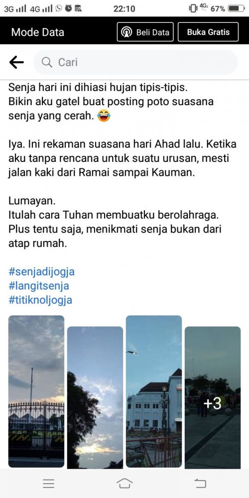 Unggahan FB hasil jepretan ketika pulang belanja terpaksa jalan kaki, bukan sengaja jalan-jalan (Dokpri)