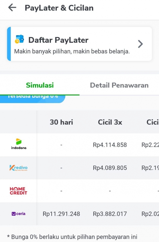 Contoh tampilan penawaran paylater dan cicilan