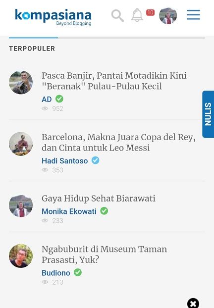 Contoh bertengger sebagai artikel terpopuler ( kompasiana.com)