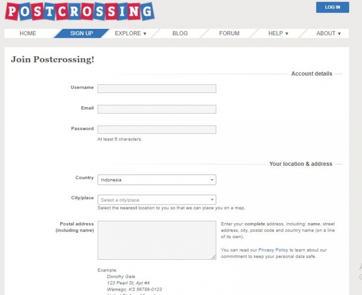 Mendaftar akun Postcrossing | ilustrasi: postcrossing.com/signup