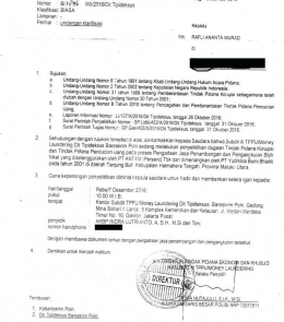 Dokumen surat pemanggilan saksi kasus yang melibatkan PT Antam dan mitranya, PT YBB, pada tahun 2016 lalu (law-justice.co).