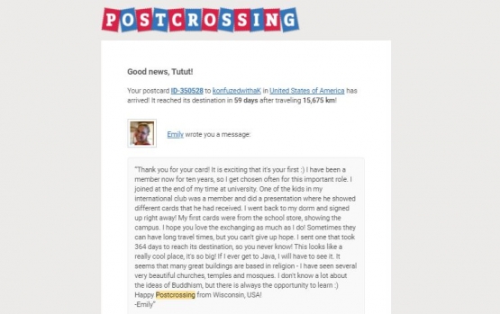 Balasan postcrossing dari Emily | sumber: email pribadi