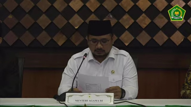 Menteri Agama Yaqut Cholol Qoumas saat memberikan keterangan pers pembatalan ibadah haji tahun 2021 | sumber: Kementerian Agama 