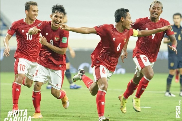 Evan Dimas merayakan gol ke gawang Thailand pada laga Kualifikasi Piala Dunia 2022 Zona Asia di Dubai, UEA, pada Kamis (3/6/2021) malam WIB.(PSSI)