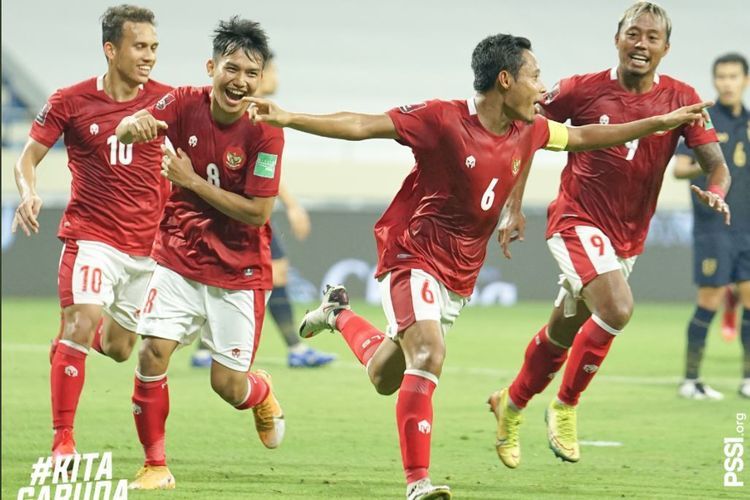 Evan Dimas merayakan gol ke gawang Thailand pada laga Kualifikasi Piala Dunia 2022 Zona Asia di Dubai, UEA, pada Kamis (3/6/2021) malam WIB.(PSSI)