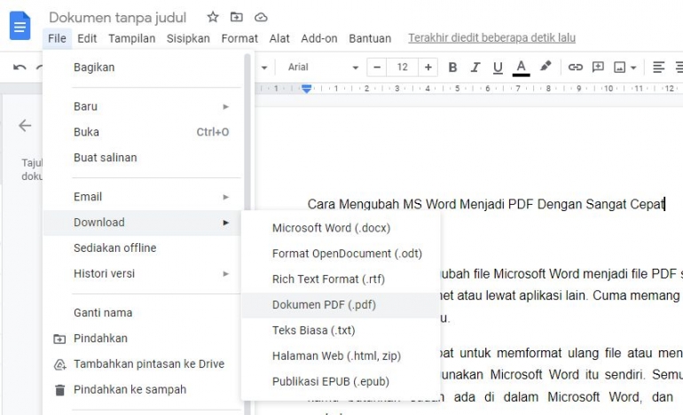 Mengubah MS Word menjadi PDF melalui Google Docs (dokpri)