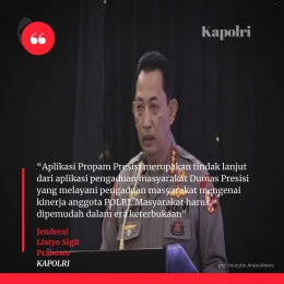 Deskripsi : Kapolri Jenderal Listyo Sigit Prabowo turut mendukung hadirnya Aplikasi Propam Presisi I Sumber Foto : Antara News design by Canva