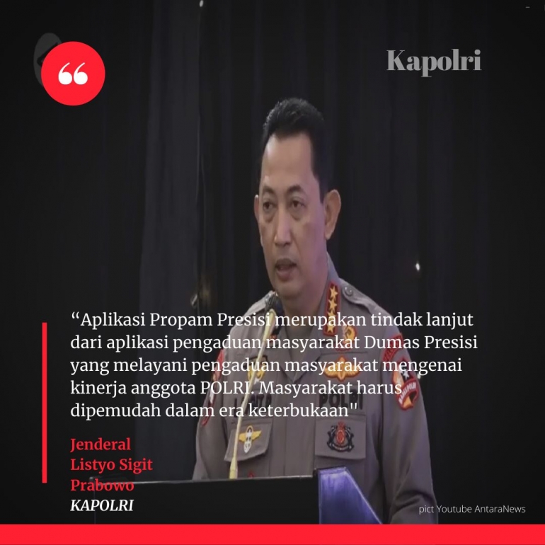 Deskripsi : Kapolri Jenderal Listyo Sigit Prabowo turut mendukung hadirnya Aplikasi Propam Presisi I Sumber Foto : Antara News design by Canva