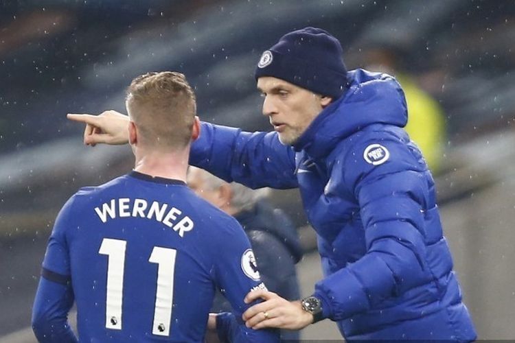 Timo Werner dan Thomas Tuchel dalam pertandingan Tottenham Hotspurs vs Chelsea, 4 Februari 2021. (AFP/NURPHOTO/ACTION FOTO SPORT via KOMPAS.COM)
