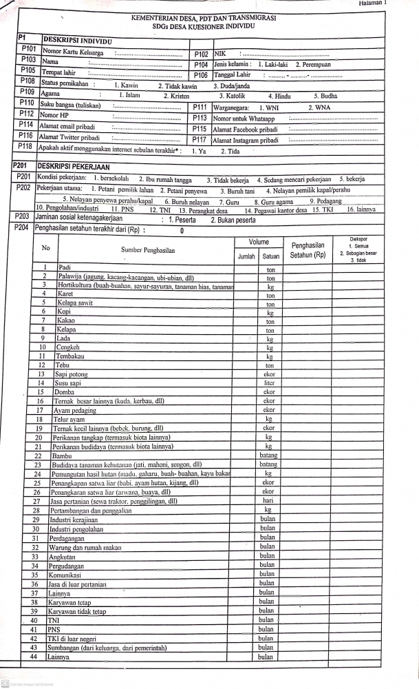 Lembar pertama kuisioner untuk individu dalam survei SDGs Desa 2021, pertanyaan mengenai akun media sosial (dokumentasi pribadi hasil scan).