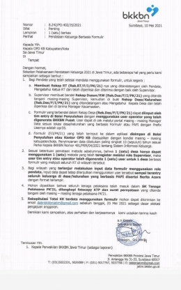 Salah satu intruksi dari BKKBN Jawa Timur perihal pendataan yang berbasis formulir fisik/kertas (dokumen milik BKKBN Jawa Timur yang di share pada platform group WA tim PK Kecamatan domisili penulis)