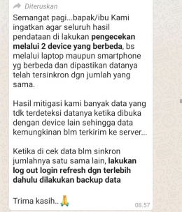 Salah satu intruksi dari manajer data (kecamatan) milik penulis (tangkapan layar, dokumen pribadi)