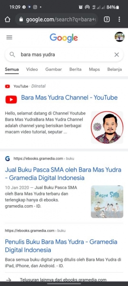 Tangkapan layar, mengetikan nama Bara Mas Yudra di kolom pencarian google (dok pribadi Pink Ayu R.D, teman saya yang dimintai tolong mengetik nama pena di pencarian google)