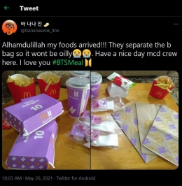 Perasaan syukur ARMY menerima BTS Meal yang sudah dipisah sedemikian rupa (tangkapan layar pribadi/Twitter @bananaseok_ilov)