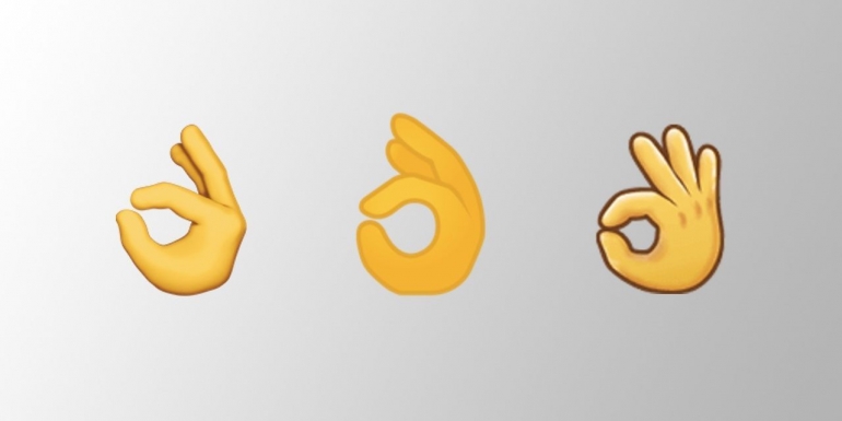Dari kiri ke kanan, emoji OK yang digunakan oleh Apple, Google, dan Samsung (blog.emojipedia.org).