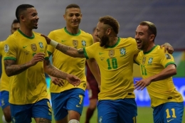 Selebrasi Neymar ketika menang 3-0 atas Venezuela di Copa America 2021 (FOTO AFP/Nelson Almeida via Kompas.com)