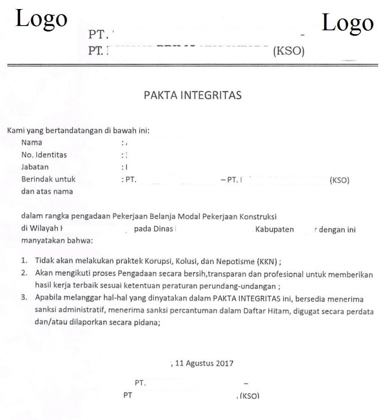 Contoh dokumen Pakta Integritas (dokumen pribadi)