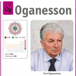 Oganesson dan penemunya, Yuri Oganessian, sumber: buku Periodic Table Book - A Visual Encyclopedia, hlm. 199.