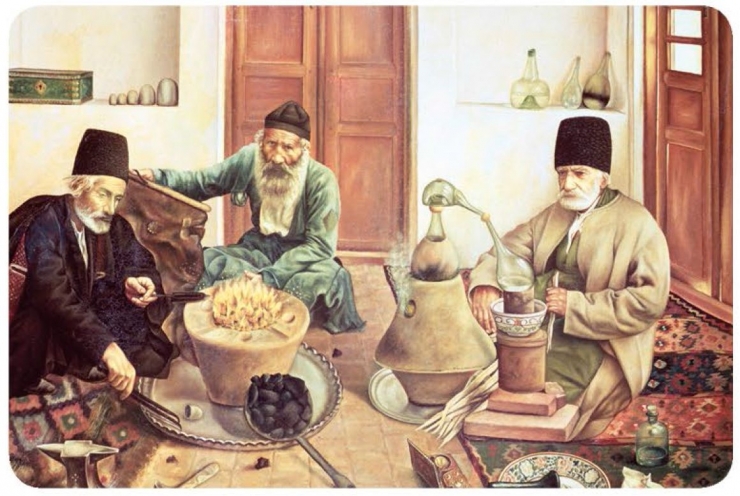 Para alkimiawan Iran di ruang kerja mereka, diadaptasi dari: buku Periodic Table Book - A Visual Encyclopedia, hlm. 9.