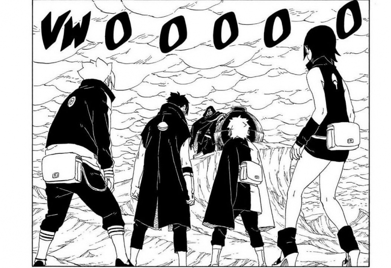 Boruto, Kawaki, Mitsuki, dan Sarada berupaya menyelemarkan Naruto. Via mangasee123
