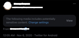 Salah satu konten pornografi yang beredar di Twitter dengan peringatan konten sensitif/tangkap layar pribadi