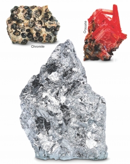Chromite, Crocoite, dan Krom murni. Sumber: buku Periodic Table Book - A Visual Encyclopedia, hlm. 57.