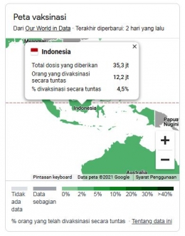 Tampilan Peta Vaksinasi di Indonesia. Sumber: Screenshot hasil pencarian google terkait lokasi vaksin/google.com/