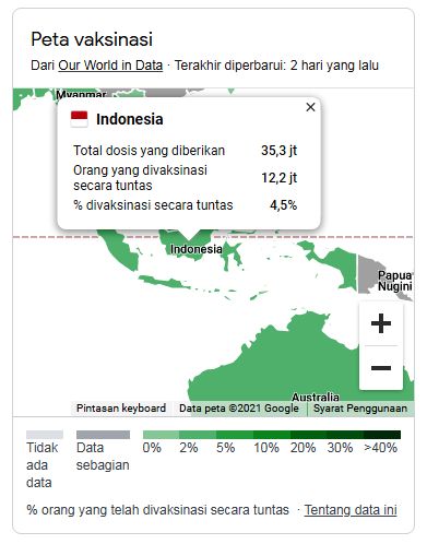 Tampilan Peta Vaksinasi di Indonesia. Sumber: Screenshot hasil pencarian google terkait lokasi vaksin/google.com/