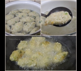 Setelah digiling dan tercampur rata, rebus adonan bakso sayur, tiriskan, kemudian baru digoreng. | Foto: Wahyu Sapta.